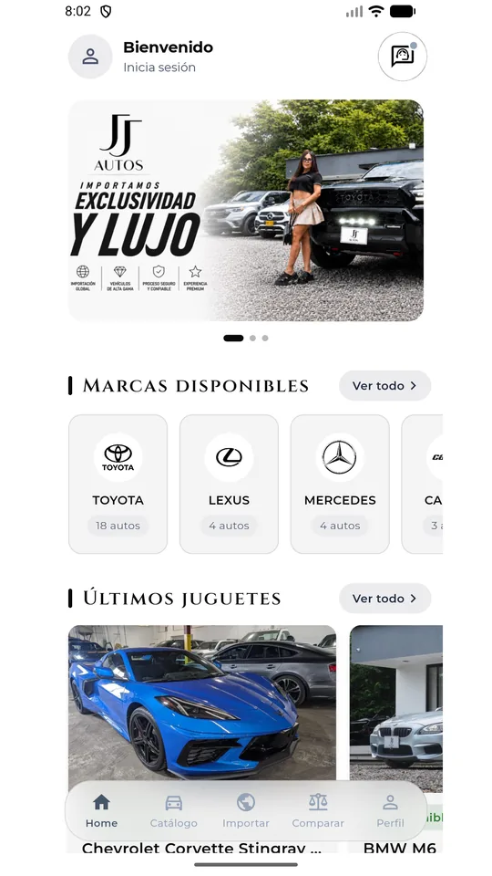 Catálogo de carros y camionetas de lujo en la app de JJ AUTOS